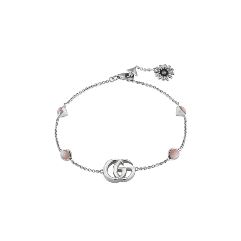 GUCCI BRACCIALE GG MARMONT CON DOPPIA G E MOTIVO FIORE IN ARGENTO ANTICATO LUCIDO