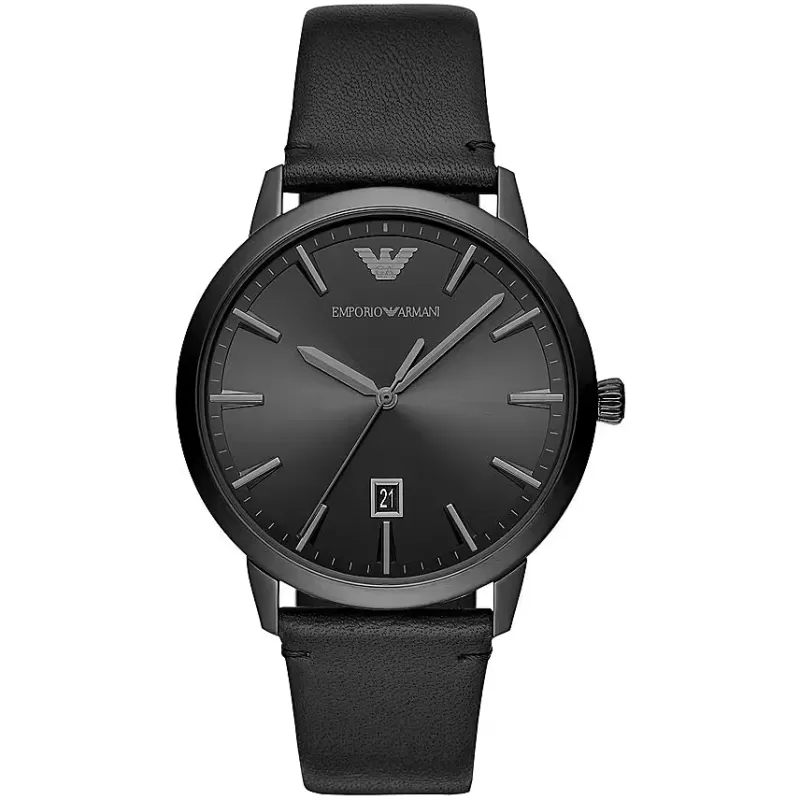 EMPORIO ARMANI BLACK STAINLESS STEEL WATCH AND BLACK LEATHER STRAP