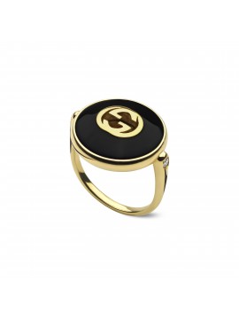 GUCCI INTERLOCKING RING IN 18 KT YELLOW GOLD WITH WHITE DIAMONDS AND BLACK ONYX