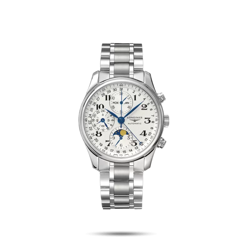 LONGINES MASTER COLLECTION  COLORE ARGENTO GRAINS D'ORGE E CINTURINO IN ACCIAIO NUMERI ARABI