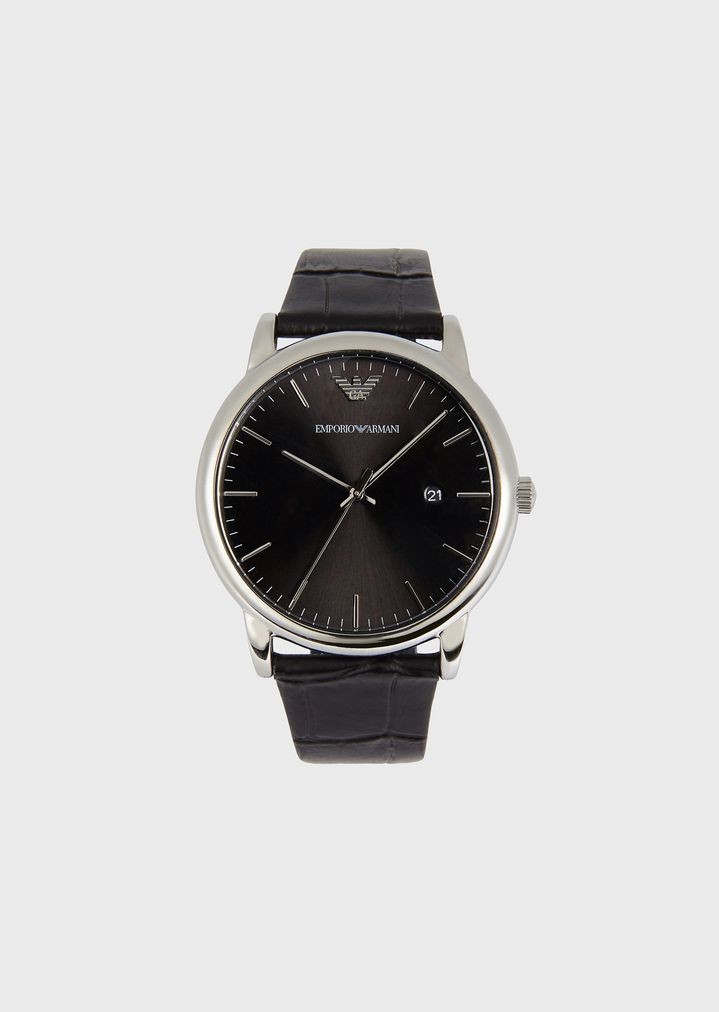 EMPORIO ARMANI LUIGI STAINLESS STEEL WATCH WITH BLACK LEATHER